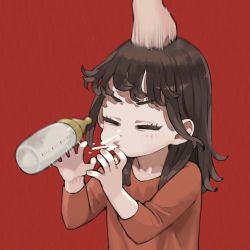 Rule 34 | 1girl, 1other, aged down, baby bottle, big sister (navigavi), bottle, brown hair, child, clenched hand, closed eyes, commentary request, dropping, highres, hitting, jun (navigavi), medium hair, original, pain, punching, red background, shirt, spit take, spitting