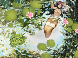 Rule 34 | 1girl, artificialkaban, bikini, bikini top only, black choker, blue eyes, breasts, choker, commentary, dark-skinned female, dark skin, english commentary, floating, flower, hair ornament, highres, jewelry, lily (flower), lily pad, lying, medium breasts, mermaid, monster girl, necklace, on back, original, partially submerged, pond, purple hair, reaching, reaching towards viewer, scales, scenery, short hair, solo, star (symbol), star hair ornament, star necklace, striped bikini, striped clothes, swimsuit, water
