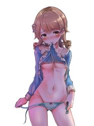 Rule 34 | 1girl, aqua panties, arm at side, bad id, bad twitter id, blush, bow, bow panties, breasts, brown eyes, brown hair, closed mouth, clothes in mouth, clothes lift, cowboy shot, drill hair, embarrassed, frown, gluteal fold, groin, hair ornament, head tilt, highres, idolmaster, idolmaster cinderella girls, legs apart, lifting own clothes, long sleeves, looking at viewer, medium breasts, morikubo nono, mouth hold, navel, panties, pink bow, raised eyebrows, sak (lemondisk), shirt in mouth, shirt lift, side-tie panties, simple background, solo, standing, stomach, stuffed toy, sweat, swept bangs, thighs, underboob, underwear, untying, white background