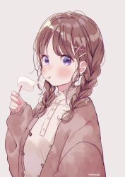Rule 34 | 1girl, blush, braid, brown hair, collared shirt, eating, food, grey background, hanako151, highres, holding, holding food, jacket, long hair, long sleeves, mochi, original, purple eyes, shirt, signature, simple background, solo, twintails