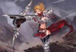 Rule 34 | 1girl, armor, arrow (projectile), blonde hair, blue eyes, bow (weapon), breasts, cleavage, cleavage cutout, clothing cutout, drawing bow, fingerless gloves, foreshortening, garter straps, gloves, greaves, highres, holding, holding bow (weapon), holding weapon, navel, original, pointy ears, quiver, scarf, short hair, snowing, sola7764, solo, thighhighs, weapon