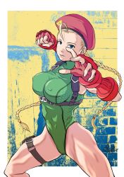 Rule 34 | 1girl, ahoge, beret, blonde hair, blue eyes, braid, breasts, cammy white, commentary request, covered erect nipples, cowboy shot, drill hair, facial scar, fingerless gloves, gloves, green leotard, hat, highleg, highleg leotard, highres, holster, huge ahoge, large breasts, leotard, looking at viewer, low twintails, mimiyama kiichi, muscular, muscular female, red gloves, red hat, scar, scar on cheek, scar on face, solo, street fighter, street fighter v, thigh holster, thigh strap, translated, twin braids, twin drills, twintails