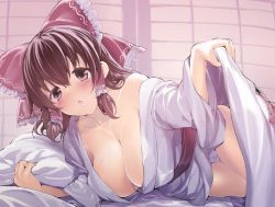 Rule 34 | 1girl, alternate costume, beckoning, blanket, blush, bow, breasts, brown eyes, brown hair, cleavage, cookie (touhou), female focus, hair bow, hair ornament, hair ribbon, hair tubes, hakurei reimu, indoors, japanese clothes, kanna (cookie), kimono, large breasts, long hair, long sleeves, looking at viewer, lying, mutsutake, off shoulder, on bed, on side, open mouth, pillow, ribbon, sash, solo, sweat, tareme, touhou, wide sleeves, yukata