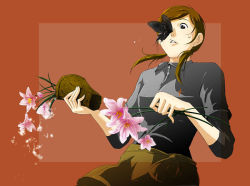 Rule 34 | 1girl, 71, bug, butterfly, flower, bug, lily (flower), sasa-yuri, solo, surprised, vase, water