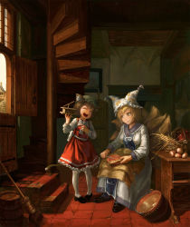 Rule 34 | 2girls, ^ ^, amibazh, animal ears, animal hat, basket, blonde hair, bow, bowtie, brown hair, cat ears, cat tail, chen, closed eyes, closed mouth, day, door, dress, fine art parody, food, fox ears, fox tail, frilled skirt, frills, full body, hands up, hat, head tilt, height difference, holding, holding food, indoors, long sleeves, looking at another, medium skirt, mob cap, multiple girls, multiple tails, nekomata, onion, open mouth, pantyhose, parody, pointing, red skirt, red vest, shoes, short hair, sitting, skirt, skirt set, smile, stairs, standing, tabard, table, tail, touhou, vegetable, vest, white dress, wide sleeves, yakumo ran, yellow eyes