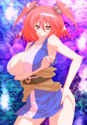 Rule 34 | 1girl, armpits, breast hold, breasts, cleavage, female focus, hair bobbles, hair ornament, hand on own hip, hip focus, huge breasts, onozuka komachi, pink eyes, red hair, solo, touhou, tro (trombe), twintails, two side up