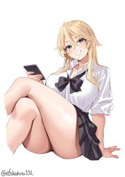 Rule 34 | 1girl, alternate costume, blush, breasts, cellphone, crossed legs, dress shirt, ebifurya, highres, iowa (kancolle), kantai collection, large breasts, legs, long hair, looking at viewer, one-hour drawing challenge, open mouth, phone, school uniform, serafuku, shirt, sitting, skirt, smartphone, smile, solo, star-shaped pupils, star (symbol), symbol-shaped pupils, thighs, twitter username, white background