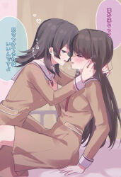 Rule 34 | 2girls, after kiss, bang dream!, bang dream! it&#039;s mygo!!!!!, between legs, black hair, blush, breasts, breath, brown dress, commentary request, dress, eye contact, green eyes, hand on another&#039;s chest, hand on another&#039;s ear, highres, long hair, long sleeves, looking at another, medium breasts, meu203, mole, multiple girls, neck ribbon, on bed, purple eyes, red ribbon, ribbon, sailor collar, sailor dress, saliva, saliva trail, shiina taki, sitting, translation request, undone neck ribbon, white sailor collar, yahata umiri, yuri