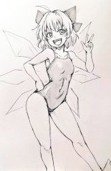 Rule 34 | 1girl, :d, bow, breasts, cirno, contrapposto, d-m (dii emu), greyscale, hair bow, hand on own hip, ice, ice wings, looking at viewer, monochrome, one-piece swimsuit, open mouth, school swimsuit, short hair, small breasts, smile, solo, swimsuit, touhou, w, wings