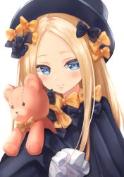 Rule 34 | 1girl, abigail williams (fate), black bow, black dress, black hat, blonde hair, blue eyes, blush, bow, closed mouth, commentary request, dress, fate/grand order, fate (series), forehead, hair bow, hat, hugging object, long hair, long sleeves, looking at viewer, orange bow, parted bangs, sanshi (sannshi 34), simple background, sleeves past fingers, sleeves past wrists, solo, stuffed animal, stuffed toy, teddy bear, very long hair, white background