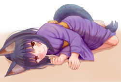 Rule 34 | 1girl, absurdres, animal ear fluff, animal ears, barefoot, black hair, blush, brown eyes, closed mouth, commentary request, fox ears, fox girl, fox tail, full body, gradient background, hair between eyes, hands up, highres, iroha (iroha matsurika), japanese clothes, kimono, long hair, long sleeves, looking at viewer, lying, obi, on side, original, sash, smile, solo, tail, white background, wide sleeves, yukata