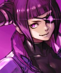 Rule 34 | 1girl, bodysuit, capcom, drill hair, evil smile, eyepatch, glowing, glowing eye, han juri, hungry clicker, image sample, purple background, smile, solo, street fighter, street fighter v, twin drills, twitter sample