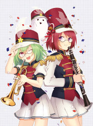 Rule 34 | 2girls, ;d, bad id, bad pixiv id, band uniform, braid, chocolate cosmos (flower knight girl), clarinet, confetti, epaulettes, flower knight girl, food-themed hair ornament, ghost, glasses, green hair, hair ornament, hat, instrument, knenj, looking at viewer, multiple girls, one eye closed, open mouth, pepo (flower knight girl), pumpkin hair ornament, purple eyes, red hair, short hair, simple background, skirt, smile, trumpet, white skirt