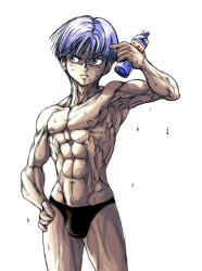 Rule 34 | 1boy, bulge, dragon ball, dragonball z, funamushi2, lingerie, male focus, muscular, purple hair, solo, trunks (dragon ball), underwear, white background