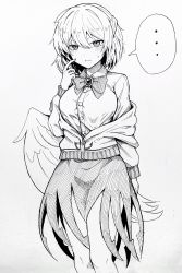 Rule 34 | ..., 1girl, absurdres, bow, bowtie, breasts, buttons, collared shirt, greyscale, highres, jacket, kishin sagume, large breasts, long sleeves, looking at viewer, monochrome, open mouth, shirt, simple background, single wing, skirt, solo, spoken ellipsis, standing, sweatdrop, touhou, wings, yonoisan