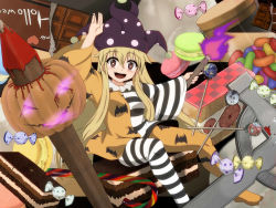 Rule 34 | 1girl, adapted costume, alternate color, animal print, asymmetrical legwear, bat print, blonde hair, blood, blush, candy, candy cane, candy wrapper, chocolate, chocolate bar, clownpiece, commentary request, cross, emanon (ice), fangs, fire, food, frilled shirt collar, frills, glowing, glowing eyes, hair between eyes, halloween, hat, highres, holding, jack-o&#039;-lantern, jester cap, lollipop, long hair, long sleeves, looking at viewer, macaron, mismatched legwear, open mouth, pantyhose, polka dot, polka dot headwear, polka dot object, print pantyhose, red eyes, shirt, sidelocks, sitting, smile, solo, star-shaped pupils, star (symbol), striped clothes, striped pantyhose, symbol-shaped pupils, torch, touhou, wide sleeves