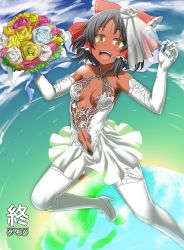 Rule 34 | 1girl, :d, armpit hair, bad id, bad pixiv id, bare shoulders, black hair, black pubic hair, blush, bouquet, bow, breasts, bridal veil, center opening, collarbone, commentary request, cookie (touhou), dress, elbow gloves, female pubic hair, flower, foot out of frame, gloves, hair bow, hair tubes, hakurei reimu, highres, holding, holding bouquet, looking at viewer, marakasu (chinkasu), medium breasts, navel, navel hair, open mouth, pantyhose, pubic hair, red bow, riding, rose, sananana (cookie), see-through, short hair, smile, tan, touhou, veil, wedding dress, white dress, white gloves, white pantyhose, yellow eyes