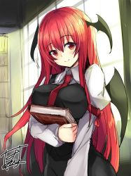 Rule 34 | 1girl, black skirt, book, breasts, closed mouth, commentary request, demon wings, head wings, indoors, koakuma, large breasts, long hair, long sleeves, looking at viewer, one-hour drawing challenge, puffy long sleeves, puffy sleeves, red eyes, red hair, red neckwear, skirt, skirt set, smile, solo, tirotata, touhou, very long hair, vest, window, wings