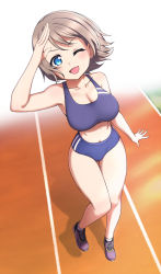 Rule 34 | 1girl, arm at side, bare shoulders, blue bra, blue buruma, blue eyes, bra, breasts, brown hair, buruma, censored yuu, cleavage, collarbone, from above, highres, knees together feet apart, large breasts, light blush, looking at viewer, love live!, love live! sunshine!!, medium hair, navel, one eye closed, open hands, open mouth, purple footwear, salute, shoes, smile, sneakers, socks, solo, sports bra, sportswear, standing, standing on one leg, swept bangs, tareme, thick eyelashes, thigh gap, track and field, track uniform, underwear, watanabe you