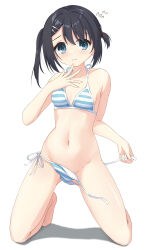 Rule 34 | 1girl, alternate hairstyle, aqua eyes, bare arms, bare legs, bare shoulders, barefoot, bikini, black hair, blush, breasts, bububugsan, collarbone, commentary request, dracu-riot!, embarrassed, eyelashes, flying sweatdrops, full body, groin, hair between eyes, hair ornament, hairclip, halterneck, hand up, highres, holding, holding clothes, holding swimsuit, kneeling, looking at viewer, medium hair, mera azusa, midriff, navel, parted lips, shiny skin, side-tie bikini bottom, small breasts, solo, stomach, striped bikini, striped clothes, swimsuit, tareme, thighs, tiptoes, two side up, undressing, untied bikini bottom