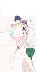 Rule 34 | 3boys, arm tattoo, baby, bed, black hair, blush, clothes lift, facial tattoo, family, father and son, fushiguro megumi, green eyes, highres, if they mated, jujutsu kaisen, lying, male lactation, milk, multiple boys, navel, nipples, on bed, panties, pemulungroti, pillow, pink hair, pink panties, ryoumen sukuna (jujutsu kaisen), shirt lift, short hair, shorts, shoulder tattoo, size difference, sucking male nipple, tank top, tattoo, underwear, white tank top, yaoi