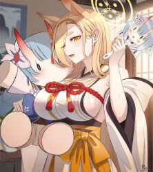 Rule 34 | 1girl, absurdres, animal ears, bare shoulders, blonde hair, blue archive, breasts, chise (blue archive), commentary request, day, detached sleeves, eyeshadow, fox ears, gangbyeon, hair over one eye, hairband, halo, highres, indoors, japanese clothes, kaho (blue archive), kimono, korean commentary, large breasts, long hair, looking at viewer, makeup, mole, mole under mouth, one eye closed, open mouth, pink eyeshadow, sideboob, sleeveless, sleeveless kimono, solo, stuffed toy, sweat, thick eyebrows, white kimono, wide sleeves, yellow eyes, yellow halo
