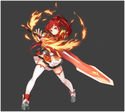 Rule 34 | 1girl, armor, armored boots, boots, claymore (sword), elesis (elsword), elsword, fire, free knight (elsword), grey background, long hair, non-web source, official art, ponytail, puffy sleeves, red eyes, red hair, red skirt, sando (dukedevil), skirt, smile, smug, sword, thighhighs, weapon