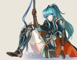 Rule 34 | 1girl, alternate hairstyle, aqua eyes, aqua hair, armor, breastplate, cape, closed mouth, cosplay, eirika (fire emblem), ephraim (fire emblem), ephraim (fire emblem) (cosplay), fire emblem, fire emblem: the sacred stones, fire emblem heroes, full body, gloves, hair ornament, helm, helmet, holding, holding weapon, kazuha (kazuha1003), lance, long hair, looking at viewer, nintendo, official alternate costume, on floor, polearm, ponytail, sidelocks, sitting, skirt, solo, thighhighs, weapon, white background