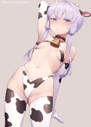 Rule 34 | 1girl, alternate costume, animal ears, animal print, arm behind back, arm up, armpits, bell, bikini, blush, breasts, closed mouth, collar, cow ears, cow print, cow print bikini, cowbell, elbow gloves, fake animal ears, fake horns, gloves, grey background, horns, mochi (mochi444420), neck bell, print bikini, purple hair, red collar, short hair with long locks, simple background, skindentation, small breasts, solo, swimsuit, thighhighs, twitter username, vocaloid, voiceroid, yuzuki yukari