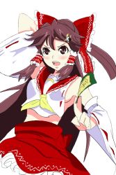 Rule 34 | 1girl, bare shoulders, blush, breasts, brown eyes, brown hair, collaboration, colorfag, colorized, detached sleeves, drawfag, female focus, hair tubes, hakurei reimu, japanese clothes, long hair, magister, midriff, miko, non-web source, ofuda, sideboob, sidelocks, small breasts, solo, touhou, wide sleeves