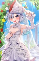 Rule 34 | 1girl, alternate costume, amane kanata, angel wings, armpits, asymmetrical bangs, bare shoulders, blue hair, blue wings, bob cut, bouquet, breasts, bridal veil, bride, bu leike, cleavage cutout, clothing cutout, colored inner hair, commentary request, detached sleeves, dress, fang, feathered wings, flower, frilled dress, frills, gradient wings, grey hair, hair over one eye, halo, highres, holding, holding bouquet, hololive, long sleeves, looking at viewer, mini wings, multicolored hair, multicolored wings, open mouth, outdoors, purple eyes, short hair, skin fang, small breasts, solo, star halo, streaked hair, veil, virtual youtuber, wedding dress, white dress, white wings, wings
