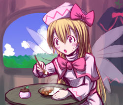 Rule 34 | 1girl, blonde hair, blush, bow, curry, eating, female focus, food, hat, indoors, lily white, long hair, nature, no nose, sky, solo, spoon, touhou, verynezumi, wings