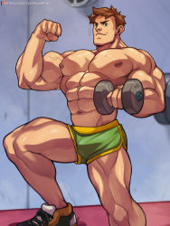 Rule 34 | 1boy, abs, alex (stardew valley), alternate pectoral size, bara, biceps, brown hair, bulge, dolphin shorts, dumbbell, exercising, flexing, foot out of frame, green shorts, jimsdaydreams, large pectorals, male focus, muscular, muscular male, navel, nipples, pectorals, short hair, shorts, sideburns, solo, stardew valley, stomach, thick thighs, thighs, topless male, weightlifting