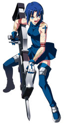 Rule 34 | 00s, 1girl, bare shoulders, black keys (type-moon), blue eyes, blue hair, bodypaint, boots, ciel (tsukihime), gloves, huge weapon, knife, matching hair/eyes, melty blood, official art, open mouth, pile bunker, powered ciel, seventh holy scripture, short hair, skirt, solo, takeuchi takashi, tattoo, thigh boots, thighhighs, throwing knife, tsukihime, type-moon, weapon, zettai ryouiki