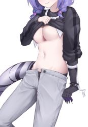 Rule 34 | 1girl, bandages, black nails, black panties, black sweater, braid, breasts, cleavage, clothes lift, dragon girl, dragon tail, duplicate, face, fang, grey pants, groin, head out of frame, highres, large breasts, medium hair, midriff, nail polish, navel, nijisanji, nijisanji en, panties, pants, purple hair, quinn (eg bread), selen tatsuki, shirt, shirt lift, simple background, skin fang, solo, sweater, sweatpants, tail, twin braids, underboob, underwear, virtual youtuber, white background, white shirt