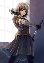 Rule 34 | 1girl, black gloves, black hair, black jacket, black pantyhose, black skirt, brown eyes, brown hair, closed mouth, collared shirt, commentary request, gloves, holding, holding sword, holding weapon, indoors, jacket, katana, layered sleeves, long sleeves, multicolored hair, pantyhose, pleated skirt, satsuki yomi, sheath, shirt, short over long sleeves, short sleeves, signature, skirt, solo, standing, striped, sword, toji no miko, two-tone hair, unsheathing, weapon, window, yumibakama meme