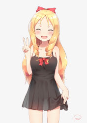 Rule 34 | 10s, 1girl, :d, ^ ^, bare arms, bare legs, black dress, blonde hair, blush, bow, closed eyes, collarbone, cowboy shot, dress, drill hair, eromanga sensei, facing viewer, grey background, hair bow, long hair, open mouth, piripun, pointy ears, red bow, see-through silhouette, signature, simple background, skirt hold, sleeveless, sleeveless dress, smile, solo, standing, sundress, twin drills, v, yamada elf