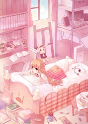 Rule 34 | 1girl, bad id, bad pixiv id, barefoot, bed, bedroom, book, bookshelf, computer, cup, dress, food-themed ornament, half updo, hase neet, headphones, highres, indoors, keyboard (computer), long hair, lying, messy room, oekaki musume, on stomach, orange hair, original, pencil, pink theme, plaid, rabbit, room, smile, solo, speaker, striped clothes, striped dress, stuffed animal, stuffed toy, teddy bear, trash can, wooden pencil