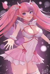 Rule 34 | 1girl, :d, ahoge, artist name, bell, belt, breasts, chest belt, choker, cleavage, cleavage cutout, clothing cutout, collar, commentary, covered navel, demon girl, demon horns, demon tail, demon wings, dress, english commentary, fangs, frilled collar, frilled dress, frills, hair ornament, head wings, heart, heart ahoge, heart hair ornament, highres, horns, ironmouse, ironmouse (demon form), jingle bell, large breasts, long hair, looking at viewer, multicolored hair, navel, open mouth, pink choker, pink collar, pink hair, pink skirt, pointy ears, purple eyes, purple hair, skin fangs, skirt, sleeptopi, smile, streaked hair, tail, thigh strap, twintails, virtual youtuber, vshojo, white dress, wings