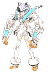 Rule 34 | 10s, 1girl, anklet, blue eyes, blue hair, busou shinki, clenched hands, full body, jewelry, kuma (2ch), leotard, machinery, matching hair/eyes, mecha musume, mechanical arms, shimada fumikane, short hair, shoulder pads, simple background, single mechanical arm, solo, standing, white background