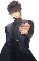 Rule 34 | 1boy, brown eyes, brown hair, cross, cross necklace, fate/zero, fate (series), jewelry, kotomine kirei, looking at viewer, male focus, necklace, outstretched hand, solo, stole, zaqloxxx