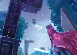 Rule 34 | 1girl, animal ears, black legwear, cape, commentary, dated, from behind, hyper light drifter, night (nightmargin), night (pixiv), outdoors, rain, red cape, ruins, sword, the drifter, tree, weapon