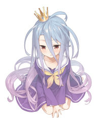 Rule 34 | 10s, 1girl, barefoot, blue hair, blush, collarbone, crown, full body, gradient hair, hair between eyes, highres, long hair, looking down, mini crown, multicolored hair, no game no life, parted lips, purple hair, school uniform, serafuku, shiro (no game no life), simple background, solo, toes, tokuno yuika, very long hair, white background