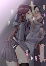 Rule 34 | 2girls, ^^^, against wall, behind another, black hairband, black thighhighs, blonde hair, blue bow, blush, bow, bowtie, breast press, breasts, brown hair, chibinekopan, closed eyes, clothed sex, collared shirt, commentary request, cowboy shot, ear blush, ear licking, female ejaculation, finger in another&#039;s mouth, fingering, from side, grey jacket, grey skirt, hair between eyes, hair bow, hair ornament, hairband, half updo, hand on wall, hand up, heart, heavy breathing, highres, indoors, jacket, leaning forward, licking, long hair, looking ahead, medium breasts, miniskirt, motion lines, multiple girls, no bra, no pants, nose blush, open clothes, open jacket, open shirt, panties, panty pull, parted bangs, parted lips, pink eyes, pleated skirt, profile, pussy juice, raised eyebrows, reach-around, red bow, red bowtie, saijou claudine, saliva, school uniform, seishou music academy uniform, shirt, shirt tucked in, shoujo kageki revue starlight, skirt, speech bubble, spoken heart, standing, sweat, tearing up, tendou maya, thighhighs, tongue, tongue out, translation request, trembling, underwear, very long hair, wavy hair, white panties, white shirt, x hair ornament, yuri