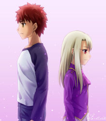 Rule 34 | 1boy, 1girl, back-to-back, black sleeves, blue pants, brown eyes, closed mouth, emiya shirou, fate/stay night, fate (series), frown, gradient background, gyatto624, highres, illyasviel von einzbern, long sleeves, pants, pink background, pink neckwear, pleated skirt, profile, purple shirt, red hair, shirt, skirt, spiked hair, white shirt, white skirt