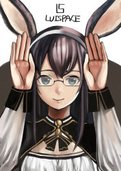 Rule 34 | 1girl, black bow, black bowtie, blue eyes, bow, bowtie, brown hair, closed mouth, copyright request, glasses, hairband, hands up, long hair, looking at viewer, luicent, rabbit pose, smile, solo, upper body