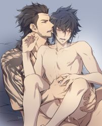 Rule 34 | 2boys, anal, ass juice, facial hair, final fantasy, final fantasy xv, gladiolus amicitia, highres, male penetrated, multiple boys, noctis lucis caelum, nude, penis, saliva, sex, size difference, steam, tattoo, yaoi, zehel az