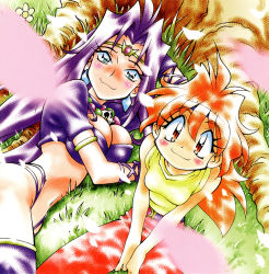 Rule 34 | 2girls, :3, aqua eyes, araizumi rui, breasts, cherry blossoms, circlet, cleavage, from above, headband, large breasts, lina inverse, long hair, looking at viewer, lying, multiple girls, naga the serpent, navel, necklace, official art, on side, own hands together, purple hair, red eyes, sitting, skull necklace, slayers, sleeveless, smile, v arms