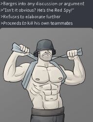 Rule 34 | 1boy, abs, cowboy shot, english text, gigachad (meme), grey background, helmet, highres, meme, muscular, muscular male, pants, simple background, soldier (tf2), solo, team fortress 2, thef1amethr0wer, topless male