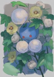 Rule 34 | :3, artist name, blurry, closed mouth, commentary request, cotton ball, creatures (company), flower, game freak, gen 2 pokemon, highres, jumpluff, kikuyoshi (tracco), leaf, nintendo, no humans, pokemon, pokemon (creature), red eyes, signature, smile, yellow flower